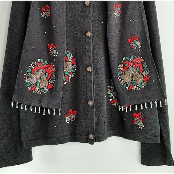 WHITE STAG Vintage Embroidery & Bead Work Christmas Bells Cardigan Sweater Sz XL - Picture 3 of 16